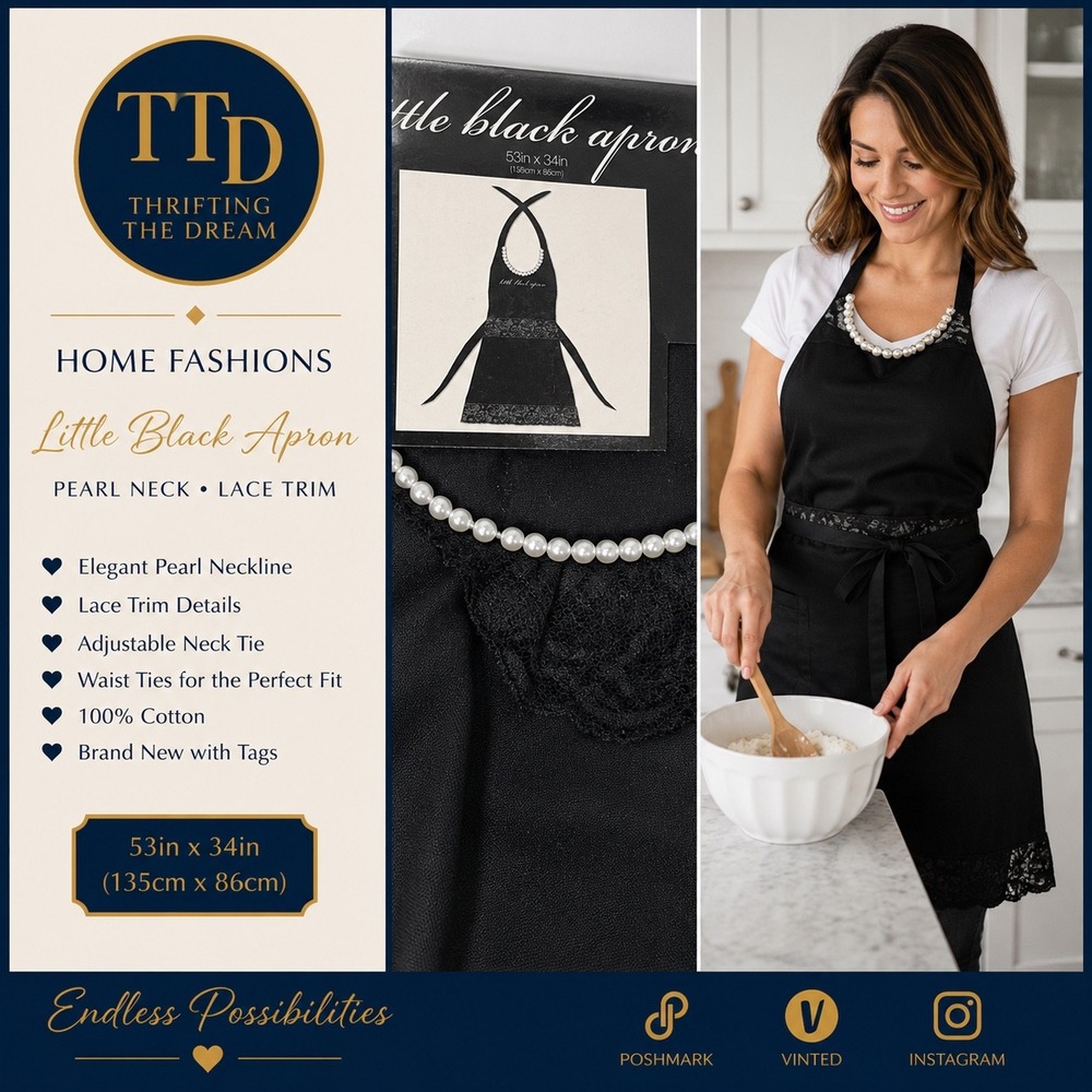 Home Fashions Little Black Apron Pearl Neck Lace Trim Black Cotton NWT